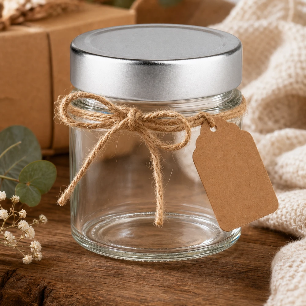 135ml Rundglas mit silbernem Deckel dekorativ mit Juteschnur und Kraftpapier-Anhänger rustikale Geschenkverpackung