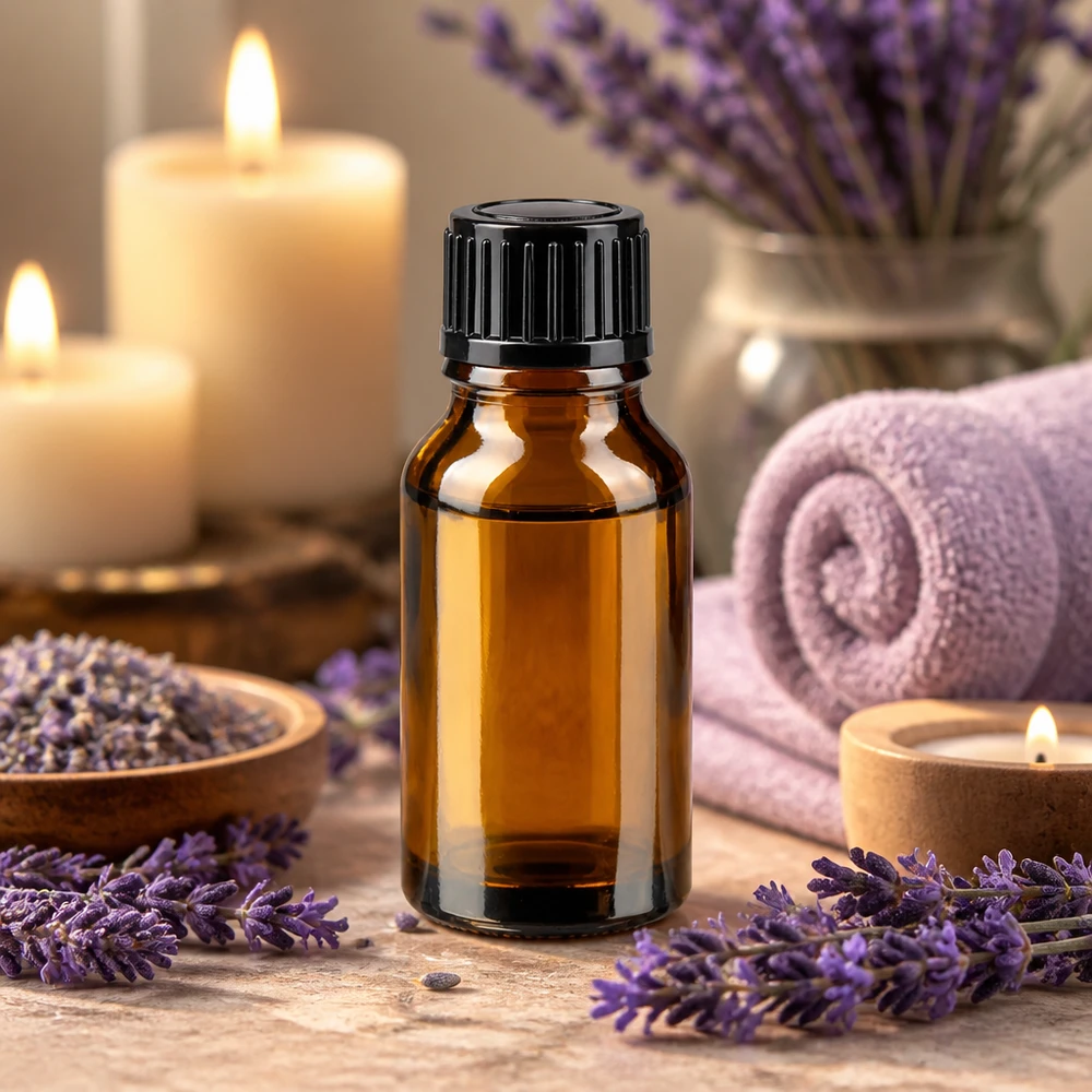Apothekenflasche braun 15ml Schraubverschluss schwarz Standard Medizinflasche 15ml UV-Schutz Braunglas schwarzer Schraubverschluss Lavendel Wellness Setup