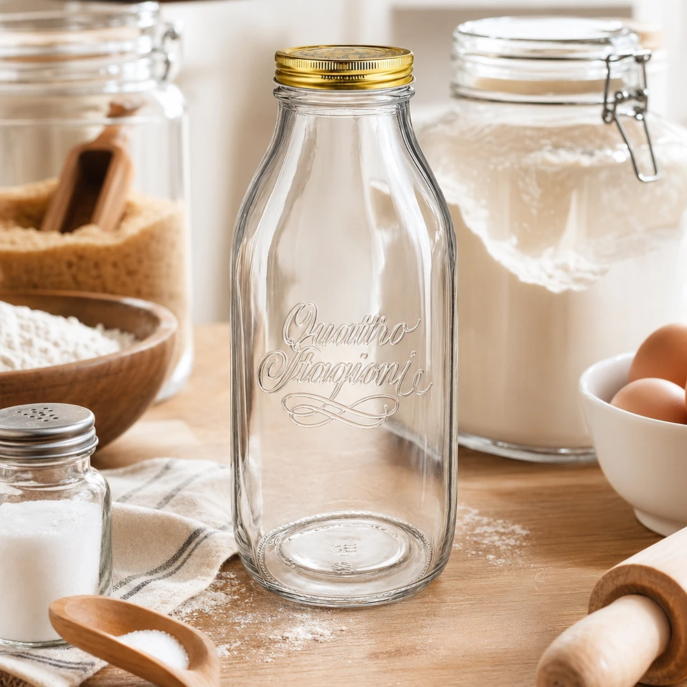 Quattro Stagioni 1000ml Glasflasche in rustikaler Küche mit Backzutaten, Mehl, Eiern und Holzutensilien arrangiert