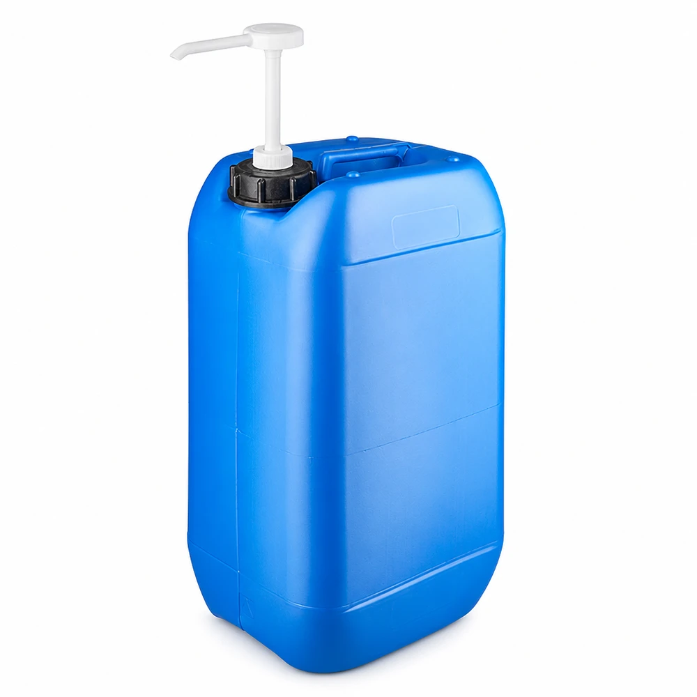 Kanister 15 Liter blau mit Dosierpumpe Blauer Kunststoffbehälter 15L mit ergonomischem Tragegriff und aufgesteckter weißer Dosierpumpe
