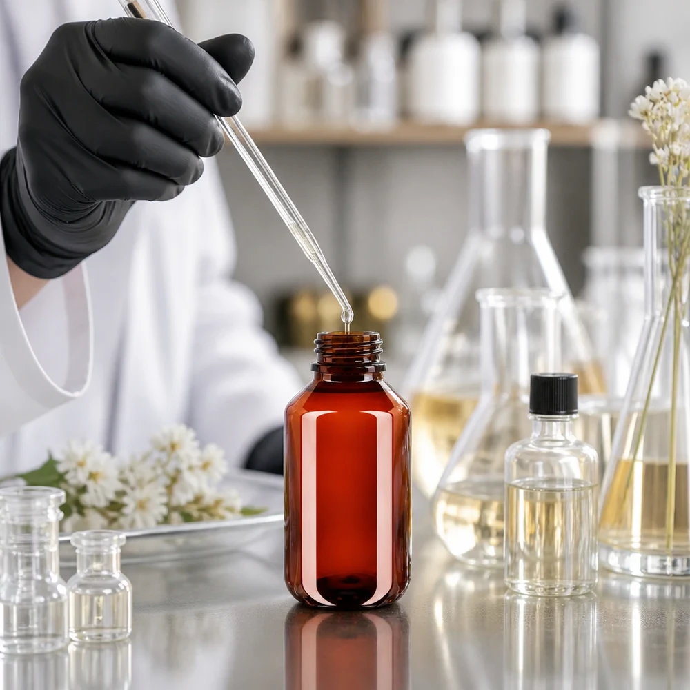 Professionelle Abfüllung ätherischer Öle in braune 100ml PET Flasche mit Originalverschluss