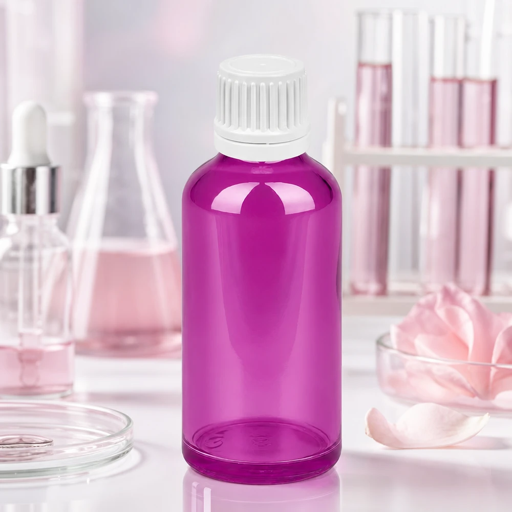 50ml Flasche 11mm Schraubverschluss weiss Originalität Schraubverschlusserschluss PurpleLine UT18/50 Premium 50ml Glasflasche in Violett mit hygienischem weißem Verschluss für Pharmazie