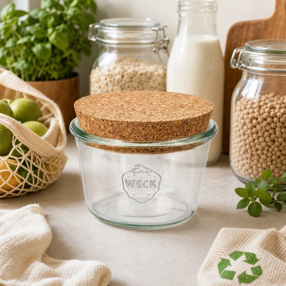 WECK Sturzglas 370ml RR100 mit Korkdeckel in nachhaltiger Zero-Waste-Küche mit Vorratsgläsern und Bio-Produkten