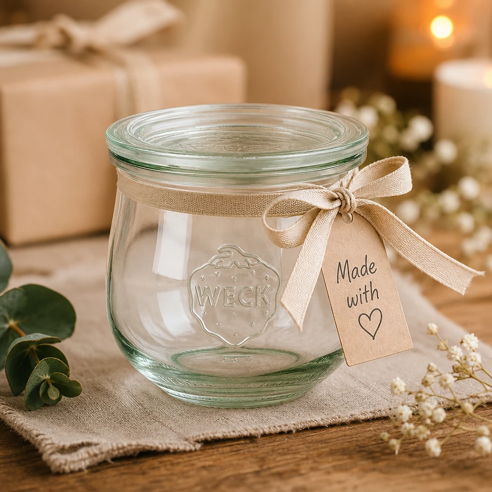 WECK Tulpenglas 370ml RR80 als Geschenk mit beiger Schleife und Made with Love Anhänger in festlicher Atmosphäre