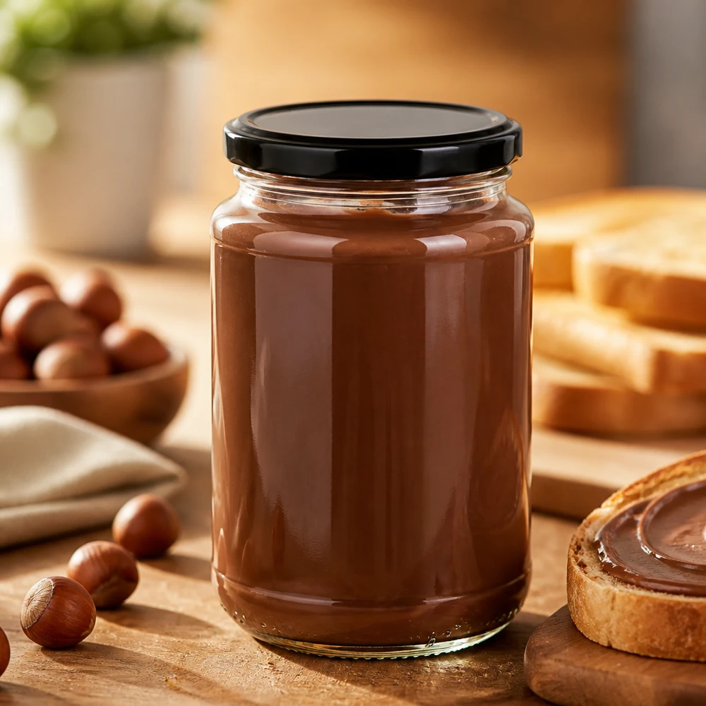 320ml Rundglas + BasicSeal schwarz UNiTWIST Transparentes 320ml Rundglas UNiTWIST mit BasicSeal schwarz neben Haselnüssen und Toastbrot