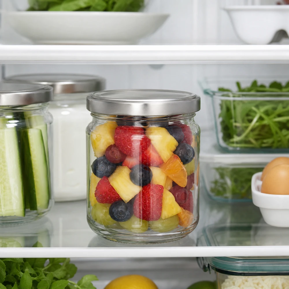 212ml Rundglas + BasicSeal Deckel silber TO63 UNiTWIST 212ml Rundglas mit BasicSeal Deckel im Kühlschrank gefüllt mit frischem Obstsalat zeigt optimale Frischhaltung