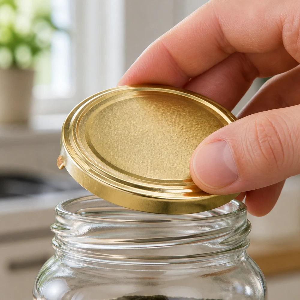 UNiTWIST TO58 gold, BioSeal, BPA-NI, unitemp Goldfarbener TO58 Einmachdeckel von oben auf Glasöffnung UNiTWIST BioSeal BPA-NI unitemp