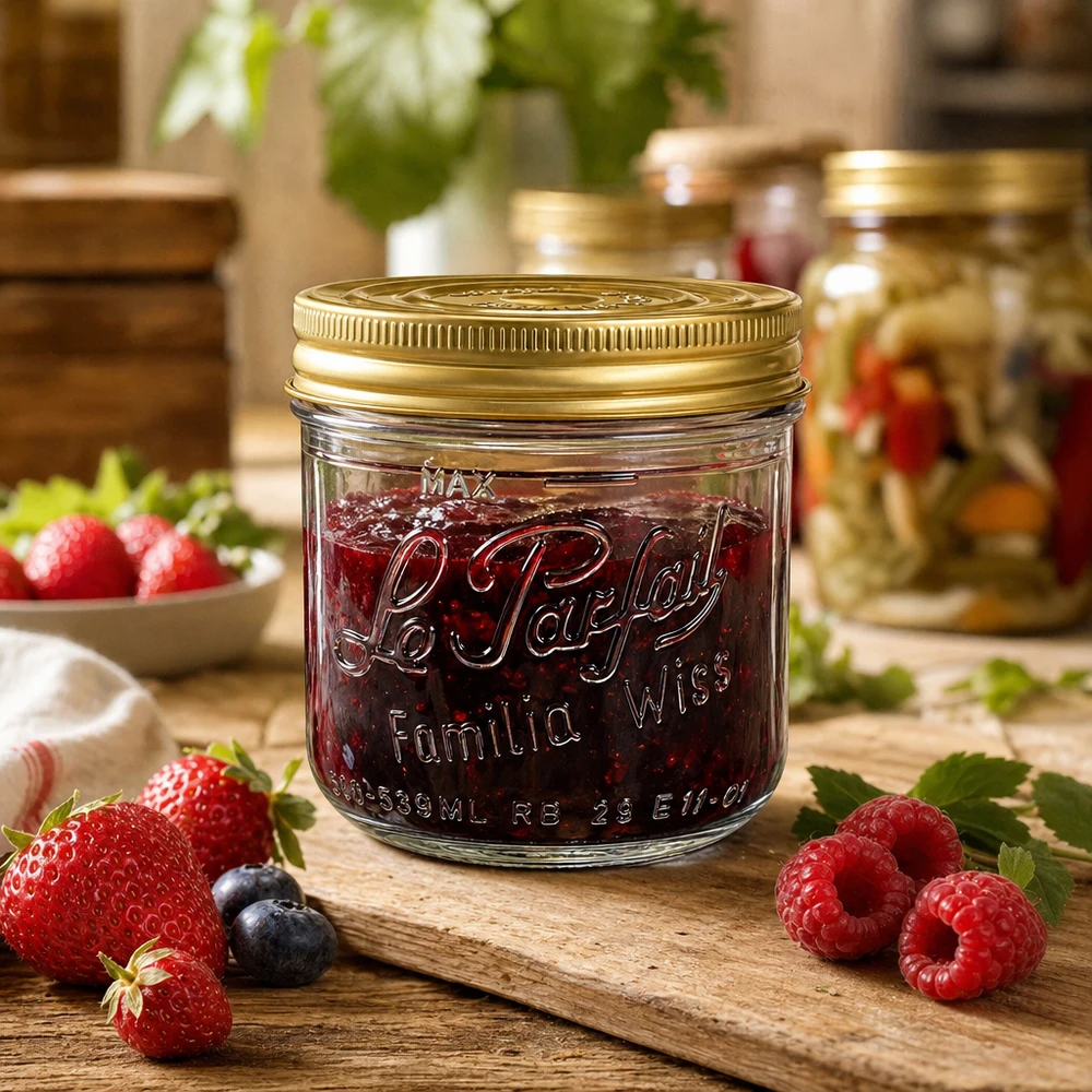 Sturzglas Familia Wiss 539ml mit Schraubdeckel gold auf Holzbrett mit Erdbeeren Himbeeren und Marmelade