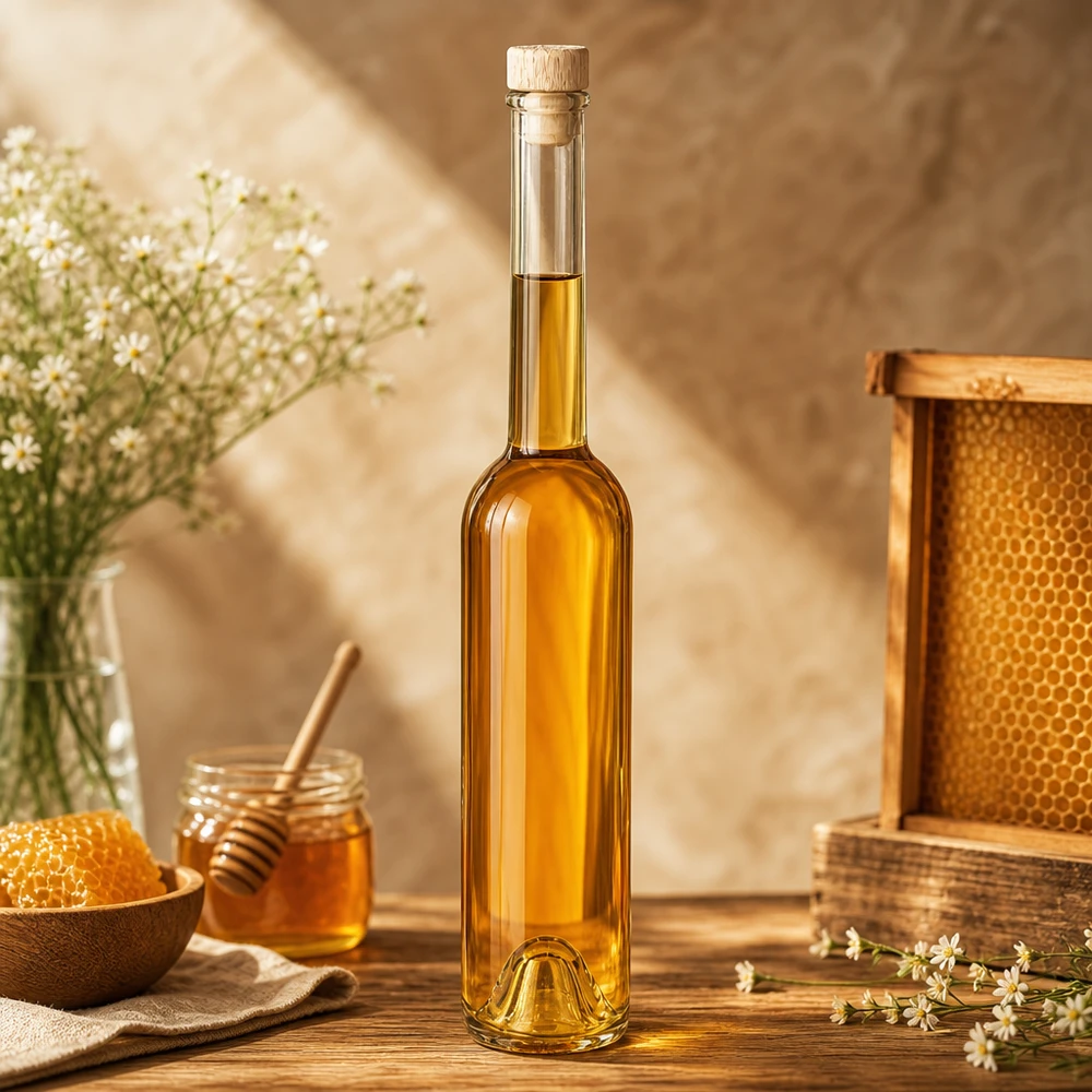 100ml Glasflasche "Hugo" mit Holzgriff-Korken UNiTWIST 100ml Glasflasche Hugo mit Honig gefüllt in rustikaler Deko-Szene mit Bienenwaben und weißen Blüten