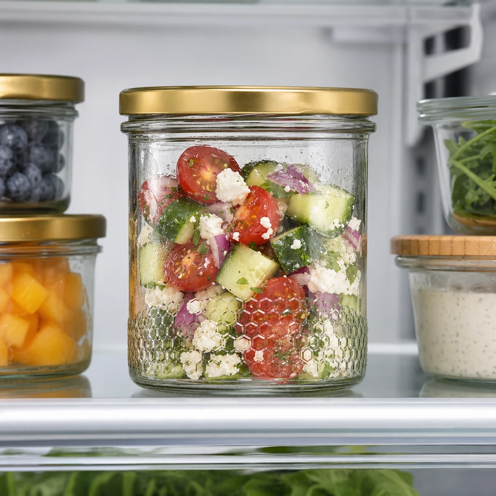 560g Honigglas + BasicSeal Deckel gold UNiTWIST 400ml Honigglas mit BasicSeal Deckel gold UNiTWIST als Salatglas im Kühlschrank mit griechischem Salat gefüllt