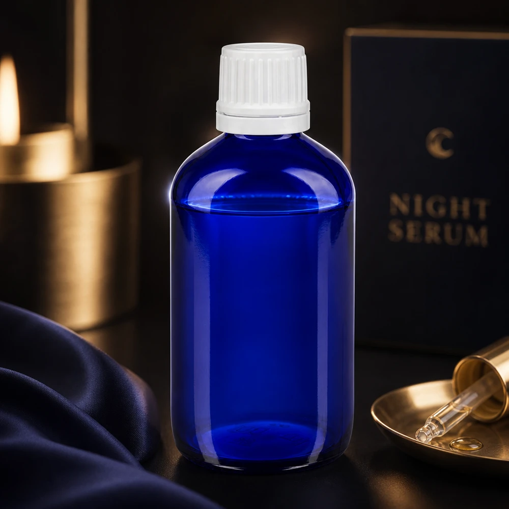 Apothekenflasche blau 20ml Tropfverschluss weiß Kindersicherung Standard Pharmazeutische Blauglasflasche 20ml mit weißem Sicherheitsverschluss und Dosiertropfer