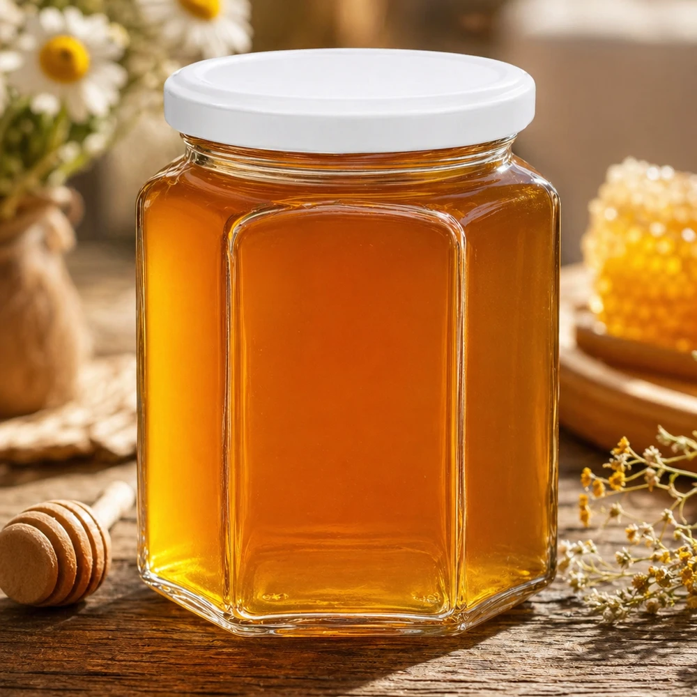 400g Honigglas mit weißem Deckel BasicSeal UNiTWIST 400g Honigglas hexagonal mit goldgelben Honig befüllt umgeben von Bienenwachs und Kamille auf Holztisch