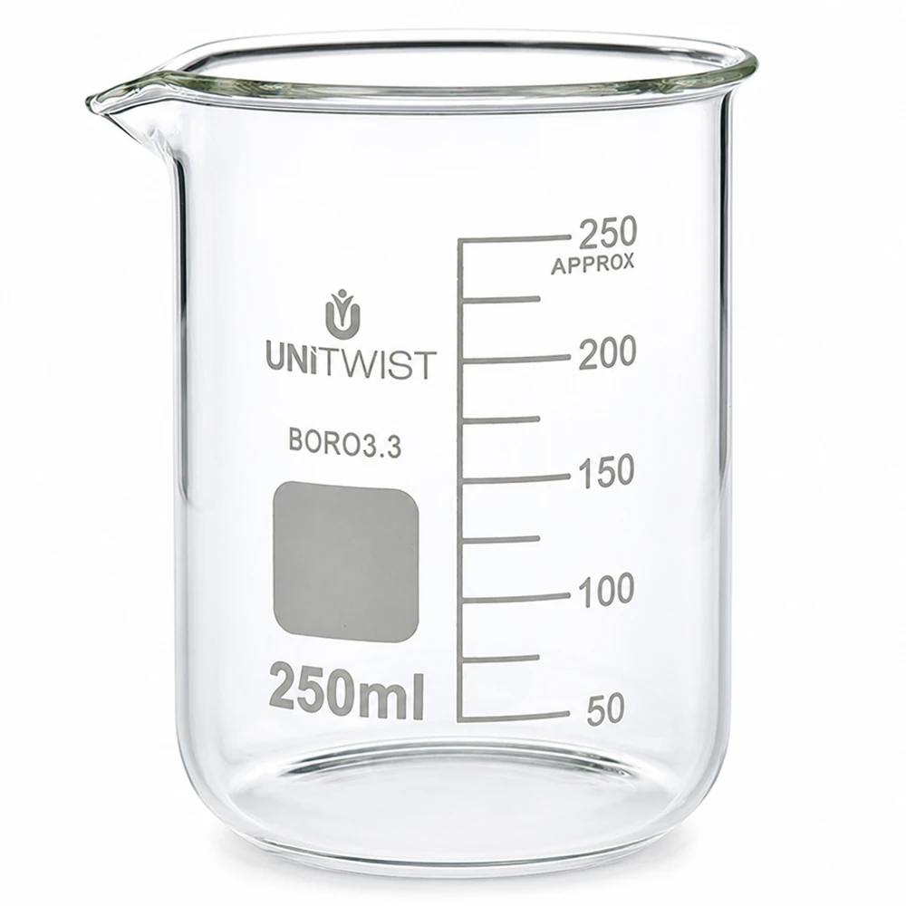 UNiTWIST 250ml Messbecherglas Borosilikat niedrige Form mit Beschriftungsfeld grau
