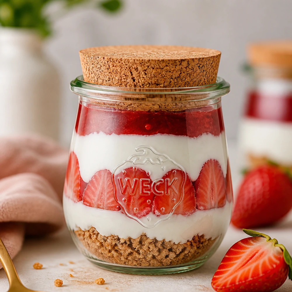 220ml Tulpenglas WECK RR60 mit Korken natur WECK Tulpenglas 220ml RR60 mit Korken für Desserts Joghurt und Overnight Oats kreative Küchendeko mit Erdbeeren