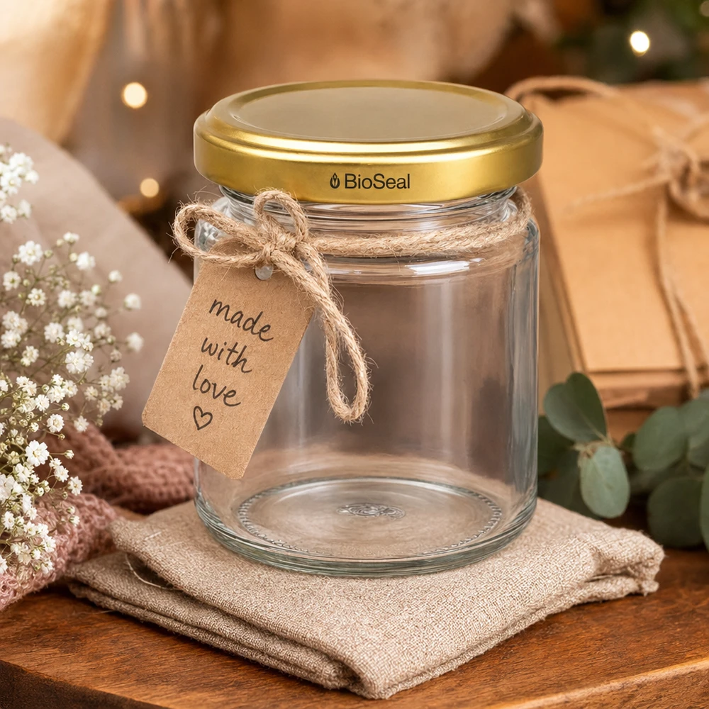 UNiTWIST Runda53 Geschenkglas mit goldenem TO43 BioSeal Deckel und handgeschriebenem Anhänger Made with Love