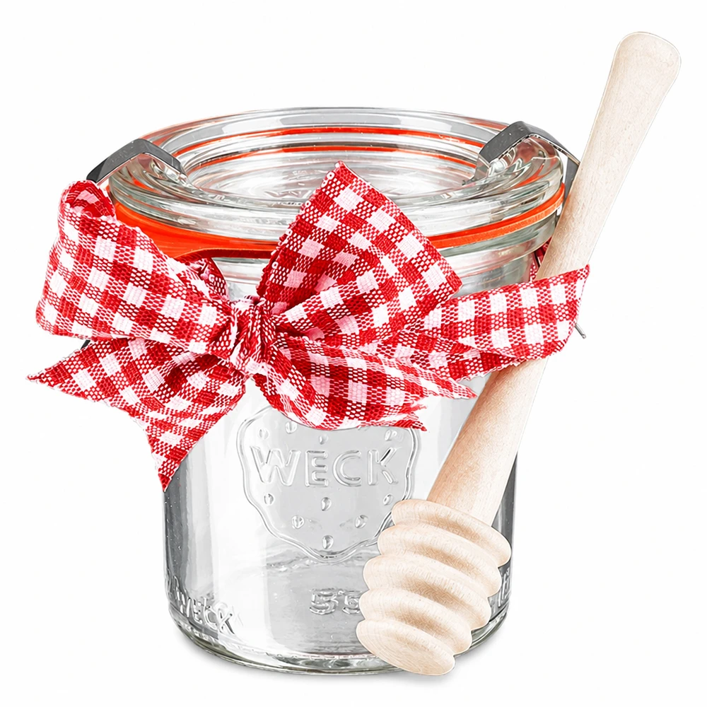 WECK-Mini-Sturzglas 140ml komplett mit Honiglöffel WECK Mini Sturzglas 140ml mit Deckel roter Schleife und Honiglöffel aus Holz Einmachglas komplett Set