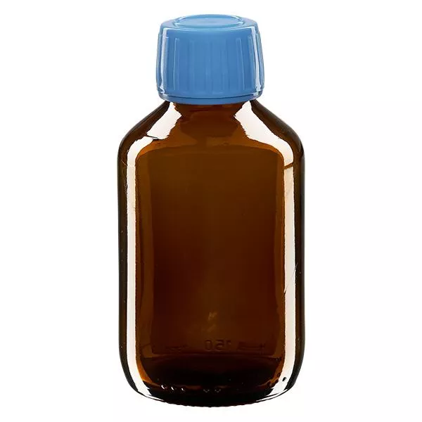 150ml Medizinflasche braun, Verschluss blau mit Originalitätsring ApoGlas 150ml Medizinflasche braun, Verschluss blau mit Originalitätsring ApoGlas