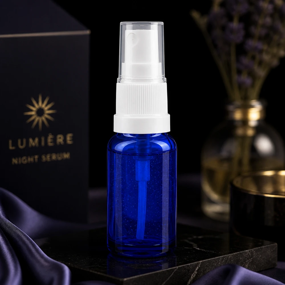 Apothekenflasche blau 10ml Sprayaufsatz weiß Blaue 10ml Flakon aus Apothekenglas mit transparentem Deckel und weißem Sprühkopf Standard