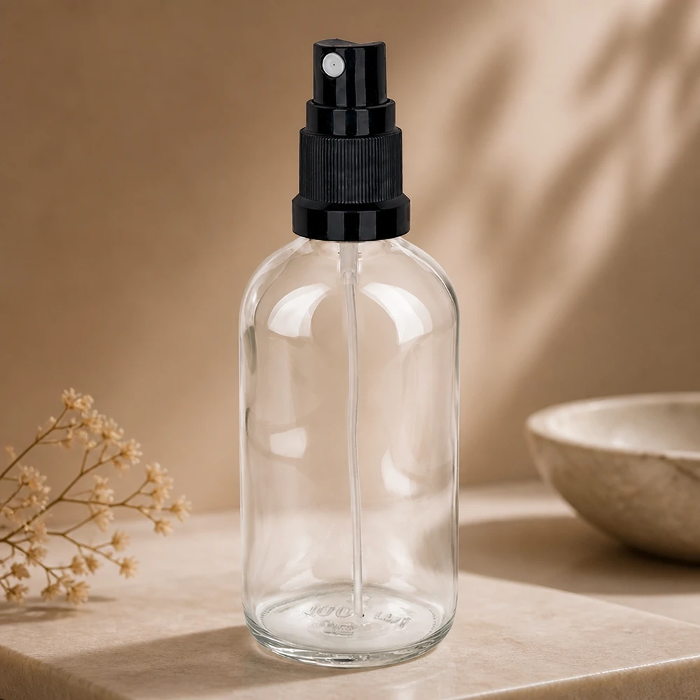 Stilvolle 100ml Miniatur-Sprayflasche aus transparentem Glas mit schwarzem Sprühkopf