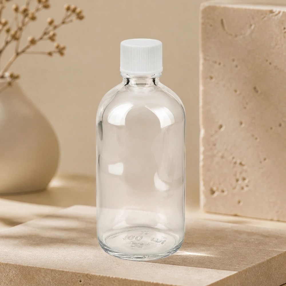 100ml Flasche 11mm Schraubverschluss weiß Standard ClearLine UT18/100 Schlanke 100ml Glasflasche ClearLine Serie weißer Sicherheitsdeckel 11mm Probenaufbewahrung