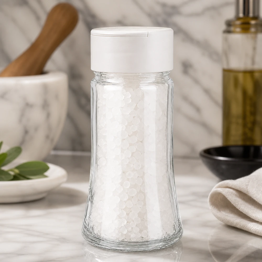 Salz-/Gewürzglas 95ml mit Doppelstreuer weiss Elegantes Salzglas 95ml mit weißem Doppelstreuer auf Marmor – praktisch und stilvoll für die Küche