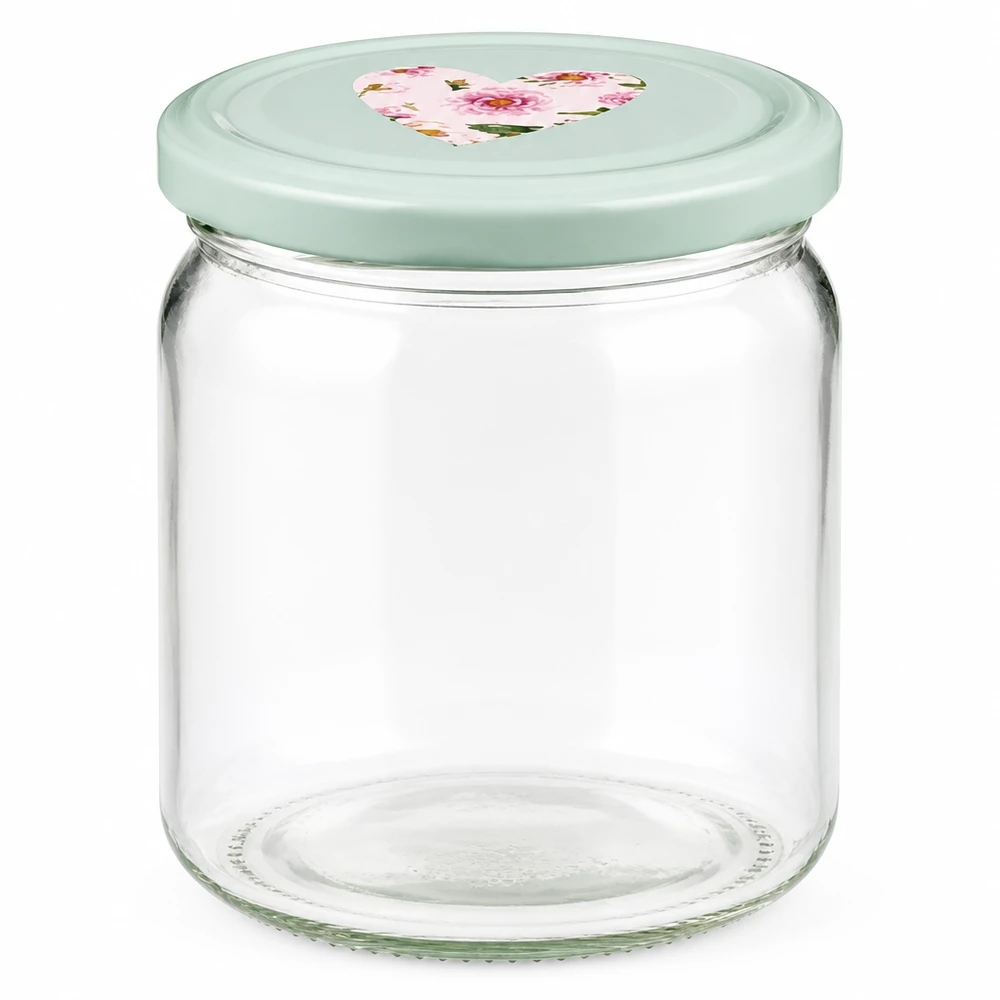 408ml Rundglas mit BasicSeal Deckel in mint mit Herzmotiv, leeres Einmachglas für Marmelade und Konserven