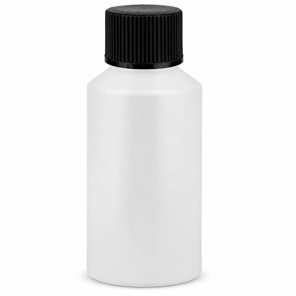 Apothekenflasche HDPE 50ml weiß, mit schwarzem Schraubverschluss Runde weiße Laborflasche HDPE 50ml mit geripptem schwarzen Schraubdeckel lichtgeschützt