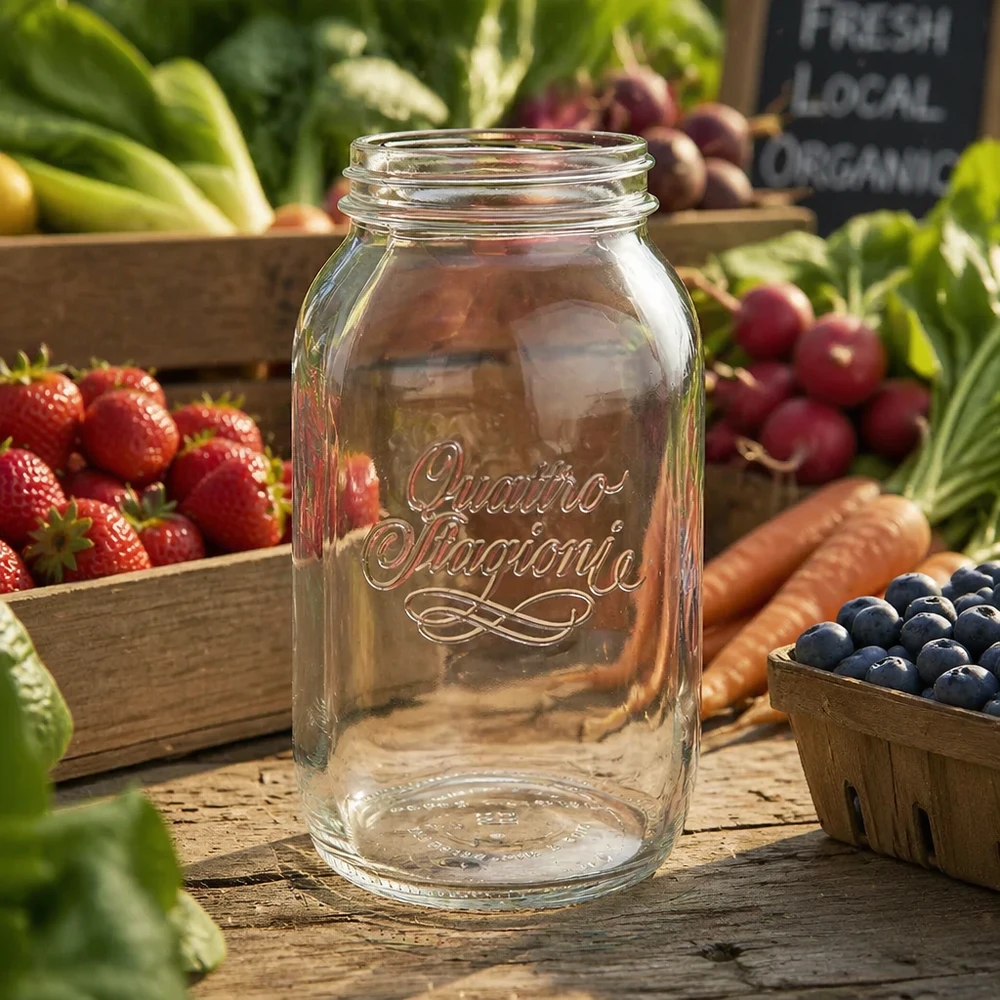 1500ml Rundglas "Quattro Stagioni" QS86mm 1500ml Quattro Stagioni Haushaltsglas Einmachglas auf Holztisch mit frischem Obst und Gemüse im Hintergrund