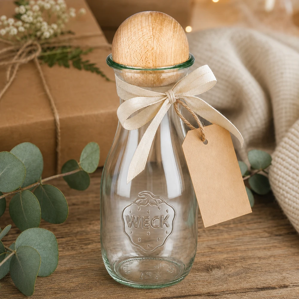 530ml Saftflasche WECK RR60 mit Holzkugel Buche WECK Saftflasche 530ml als Geschenk verpackt mit Schleife und Anhänger neben Eukalyptus und Dekoration