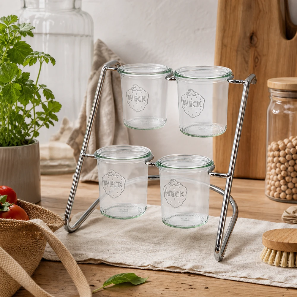 Serviergestell Flato4 für 4 WECK Sturzgläser Serviergestell Flato4 auf Holztisch mit leeren WECK Gläsern - minimalistisches Design für natürliche Küchendekoration