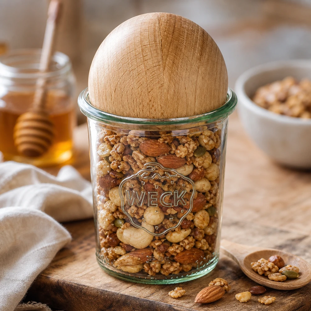 160ml Sturzglas WECK RR60 mit Holzkugel Buche WECK Sturzglas RR60 160ml mit Buchenkugel gefüllt mit Nüssen, dekorativ arrangiert auf Holzbrett mit Honig