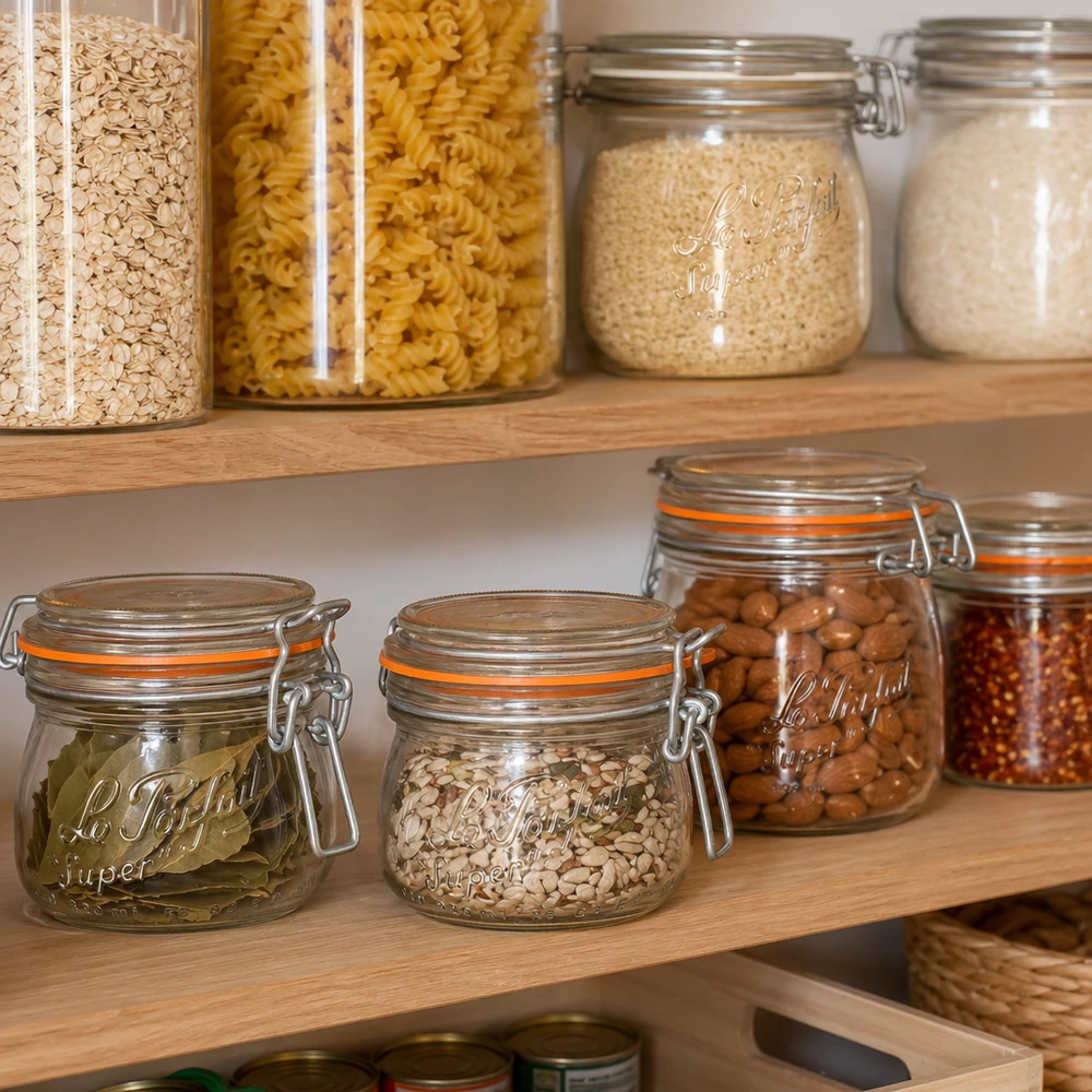 250ml Vorratsglas "Super" mit Bügelverschluss Le Parfait® 250ml Le Parfait Super Vorratsglas mit Bügelverschluss in organisierter Küchenpantry mit Pasta Nüssen und Gewürzen