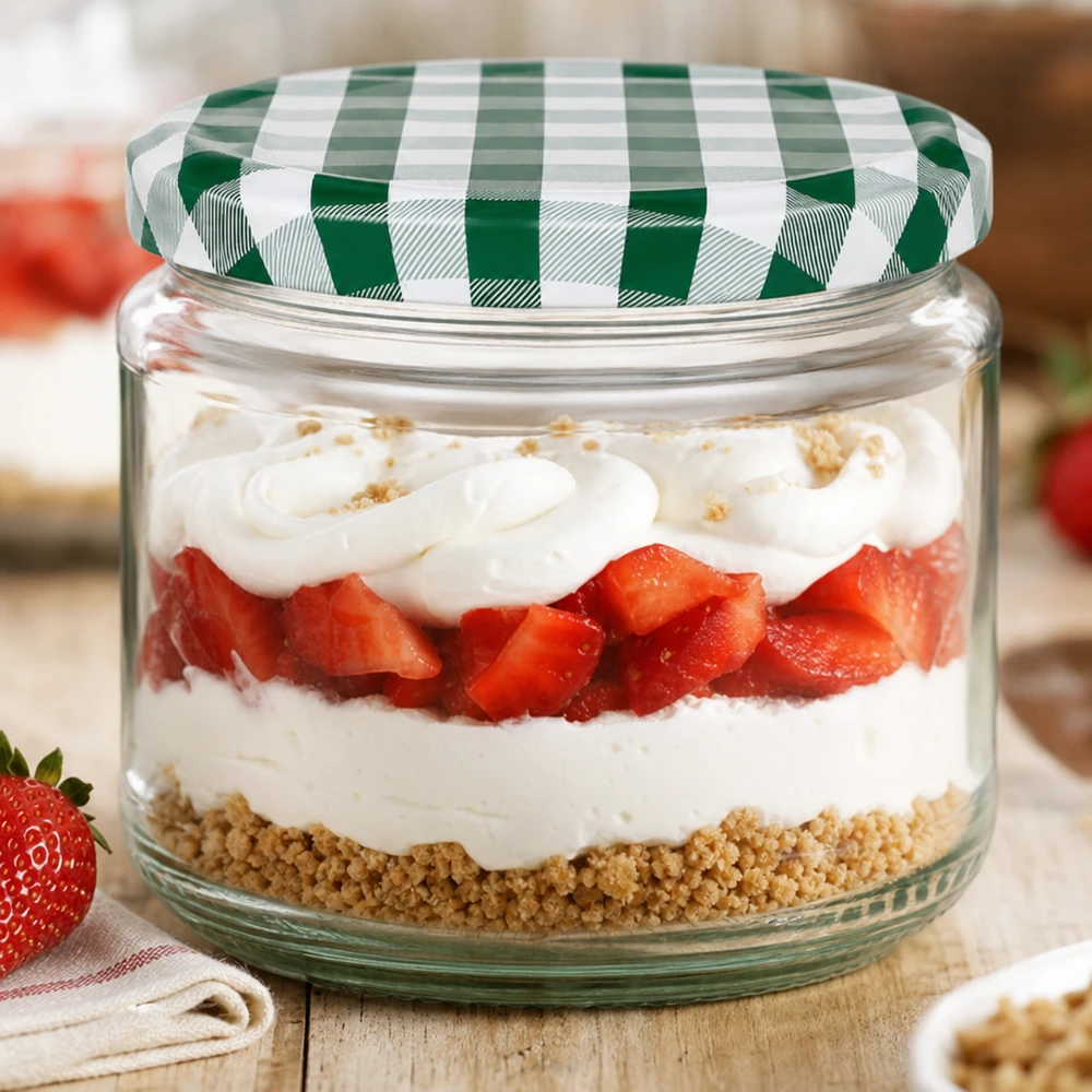 330ml Rundglas als Dessertglas mit Erdbeer-Sahne-Schichtdessert, grün-weißer BasicSeal Deckel, Parfait im Glas