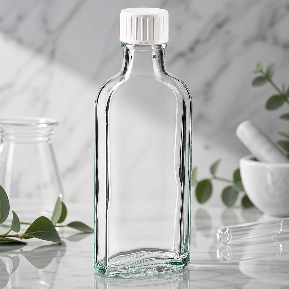 Schmale 100ml Glasflasche Meplat-Form klar mit gerilltem Weißdeckel und Ausgießer
