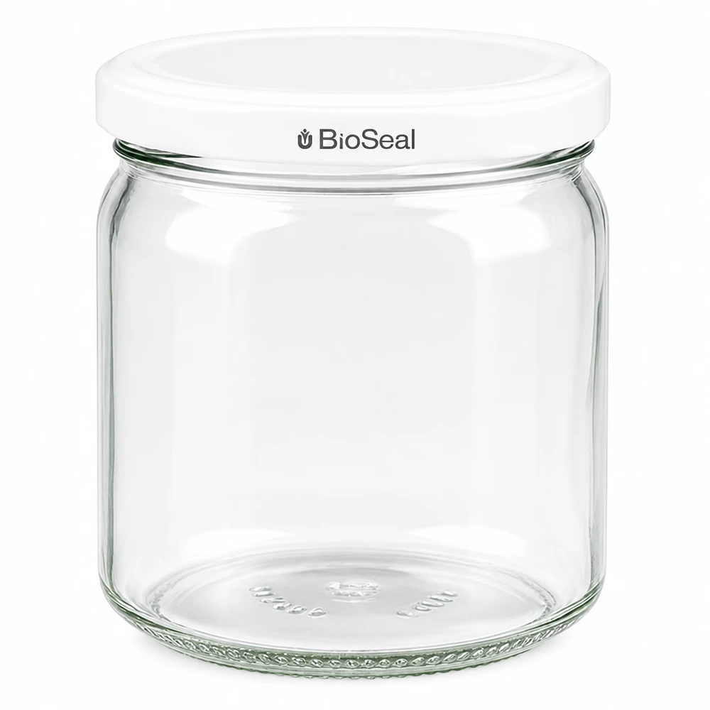 UNiTWIST Runda408 Einmachglas mit weißem TO82 BioSeal Deckel - rundes Vorratsglas aus Glas für Küche