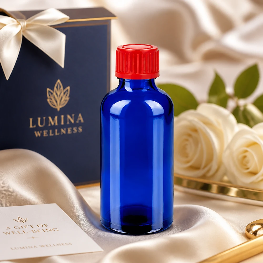 Medizinflasche 50ml aus UV-schützendem Kobaltglas mit rotem Sicherheitsverschluss 11mm SV
