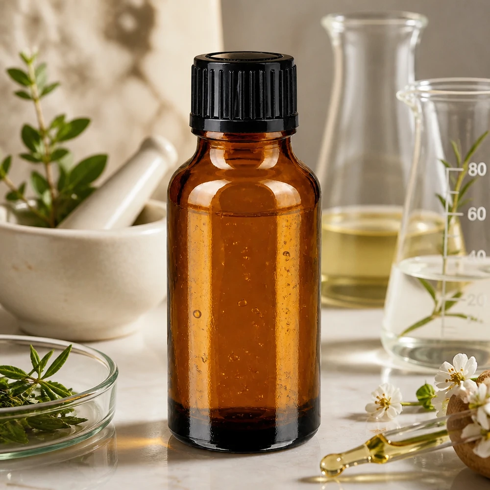 Bernsteinfarbene Apothekerflasche 20ml mit ätherischen Ölen und Naturkräutern