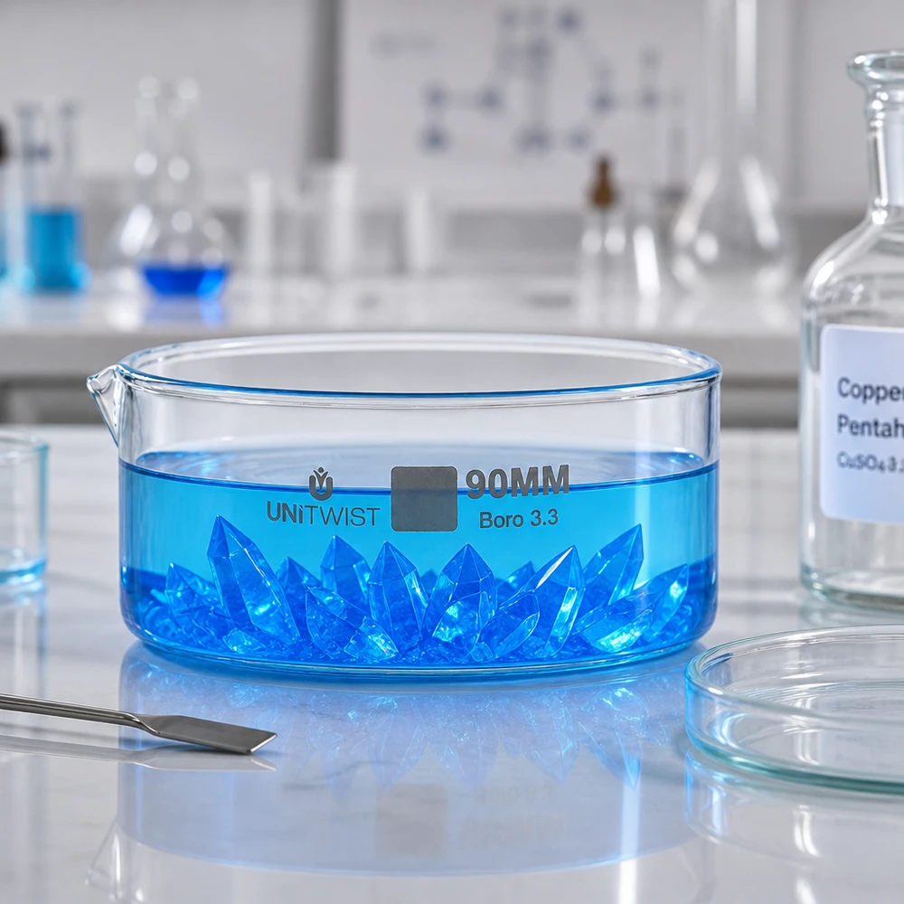 Kristallisierschale ø90mm Borosilikatglas UNiTWIST Kristallisierschale UNiTWIST mit CuSO4 Lösung blau Laboranwendung Borosilikatglas 90mm