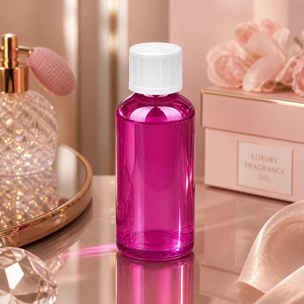 Moderne 50ml Portionsflasche in glänzendem Pink-Lila mit ergonomischem Verschluss