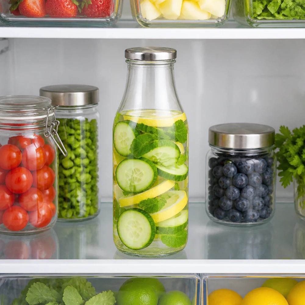 Kühlschrankorganisation mit 330ml UiTWIST Glasflasche und silbernem BasicSeal Deckel für Infusionswasser