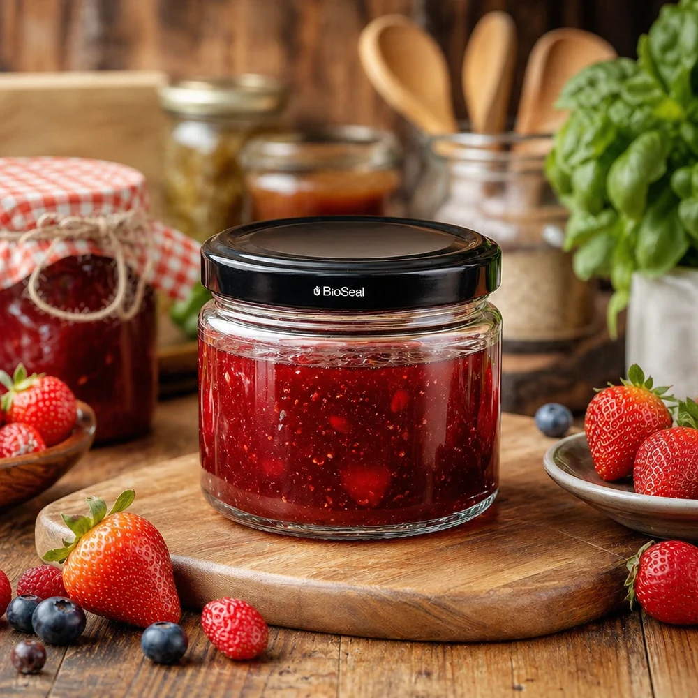330ml Rundglas + BioSeal Deckel schwarz UNiTWIST UniTWIST Runda330 mit schwarzem TO82 BioSeal Deckel gefüllt mit Erdbeermarmelade auf Holzbrett neben frischen Beeren