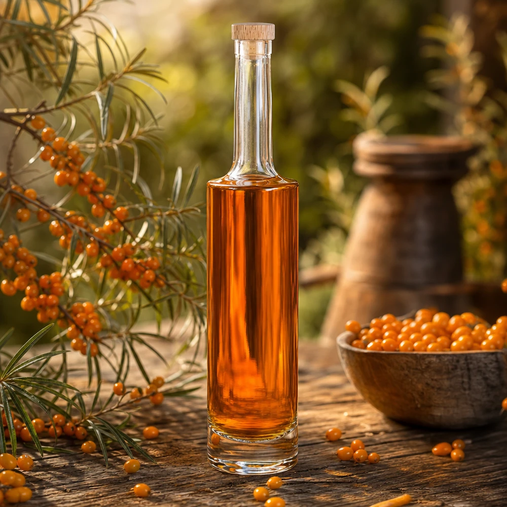 500ml Glasflasche "Rosa" mit Holzgriffkorken UNiTWIST® 500ml Glasflasche Rosa mit Sanddornlikör gefüllt zwischen Sanddornzweigen und Schale mit orangen Beeren rustikal