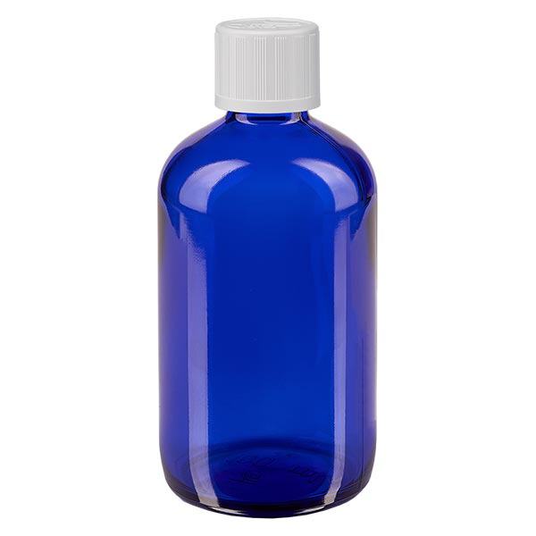 Apothekenflasche blau 100ml Tropfverschluss weiß Kindersicherung Standard Apothekenflasche blau 100ml Tropfverschluss weiß Kindersicherung Standard