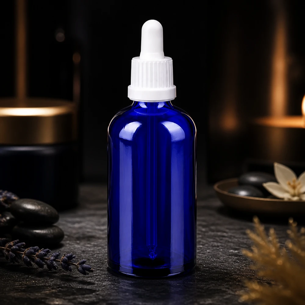 Laborflasche 100ml mit Tropfverschluss aus hochwertigem Borosilikatglas in Kobaltblau