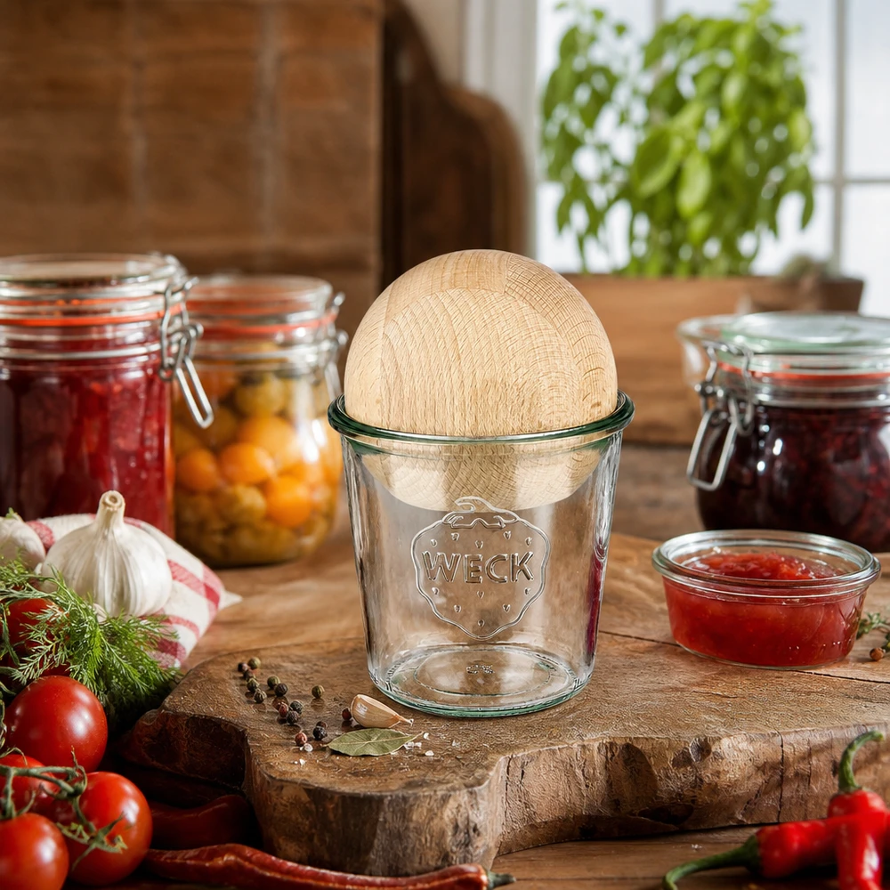 580ml Sturzglas WECK RR100 mit Holzkugel Buche WECK Glas 580ml RR100 mit Buchenholzkugel in rustikaler Küche zwischen Einmachgläsern und frischen Zutaten