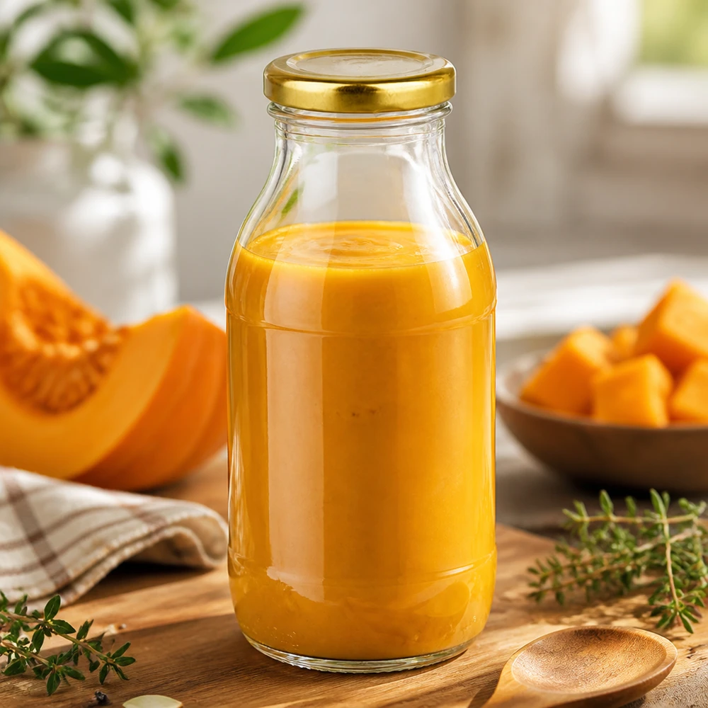 Kürbissaft in 250ml UNiTWIST Glasflasche goldfarbener BasicSeal Deckel luftdicht verschlossen