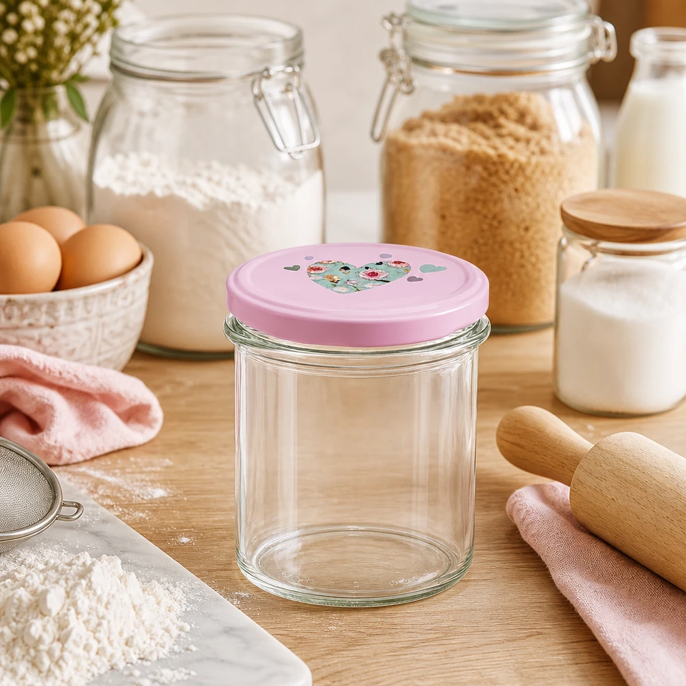 350ml Sturzglas rosa Herzdeckel Küchenszene Backzubehör Eier Mehl Nudelholz Vorratsgläser Backen Kochen