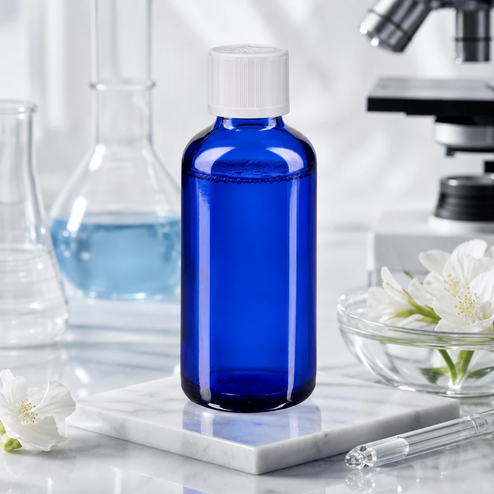 Apothekenflasche blau 50ml Tropfverschluss weiß Kindersicherung Standard Kobaltblaue 50ml Glasflasche mit Tropfverschluss zwischen weißen Blüten auf Marmor