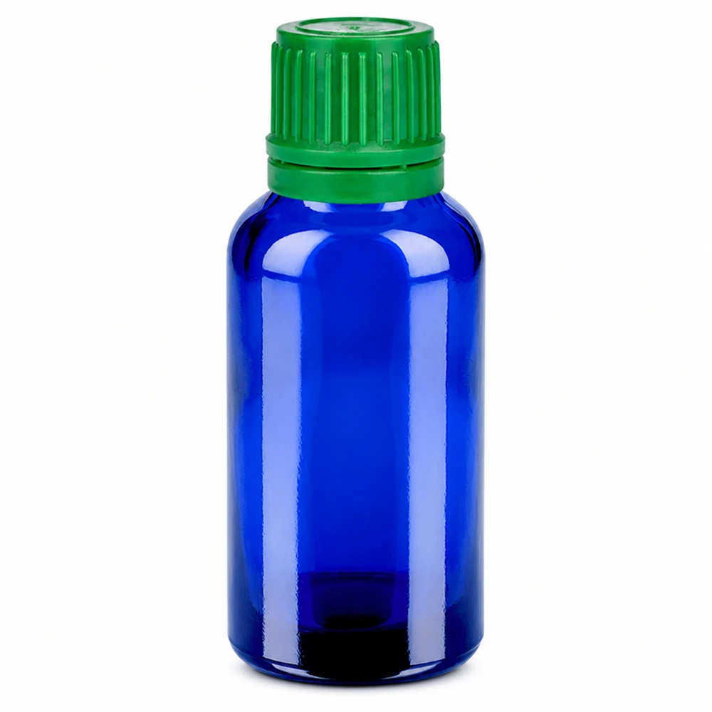 Hochwertige 30ml BlueLine Glasflasche für Kosmetik mit grünem Tropfverschluss