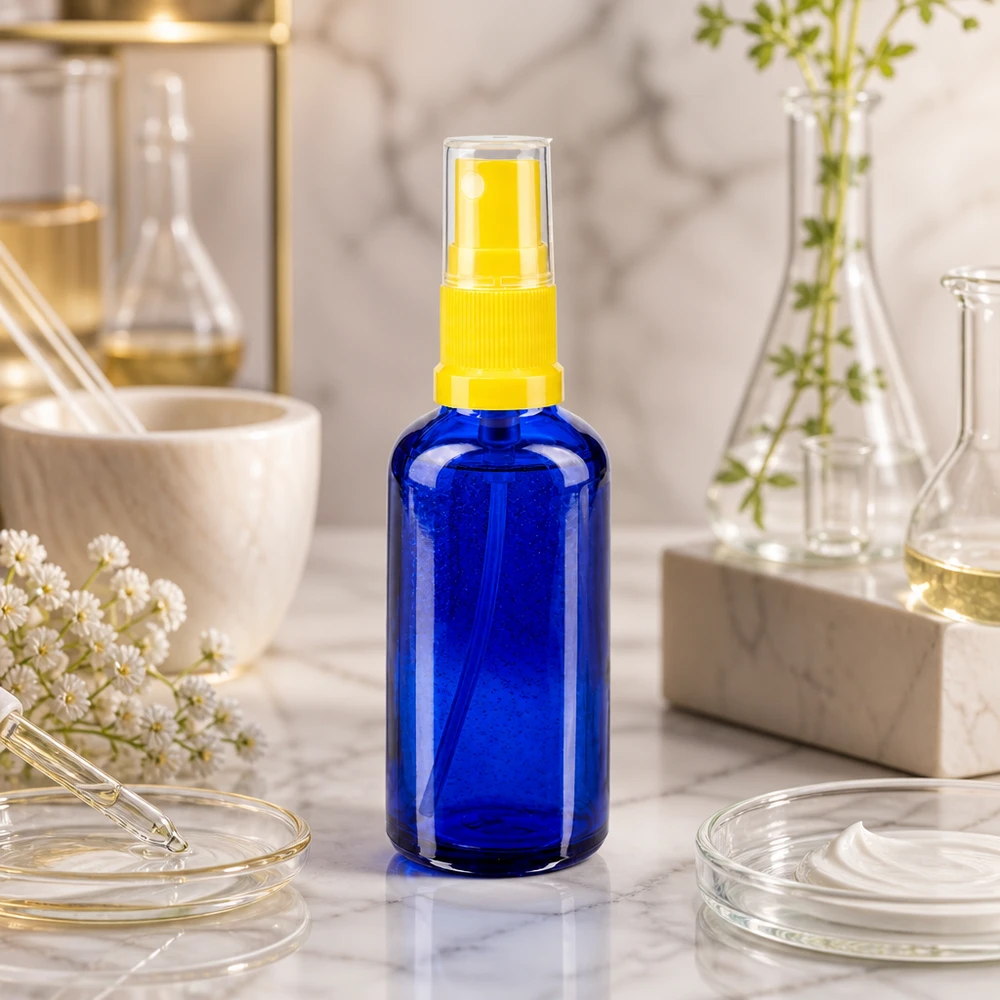 Apothekenflasche blau 50ml Sprayaufsatz gelb Kompakte Blauglasflasche STD 50ml mit gelbem Sprühkopf für Kosmetik und Pharmazie